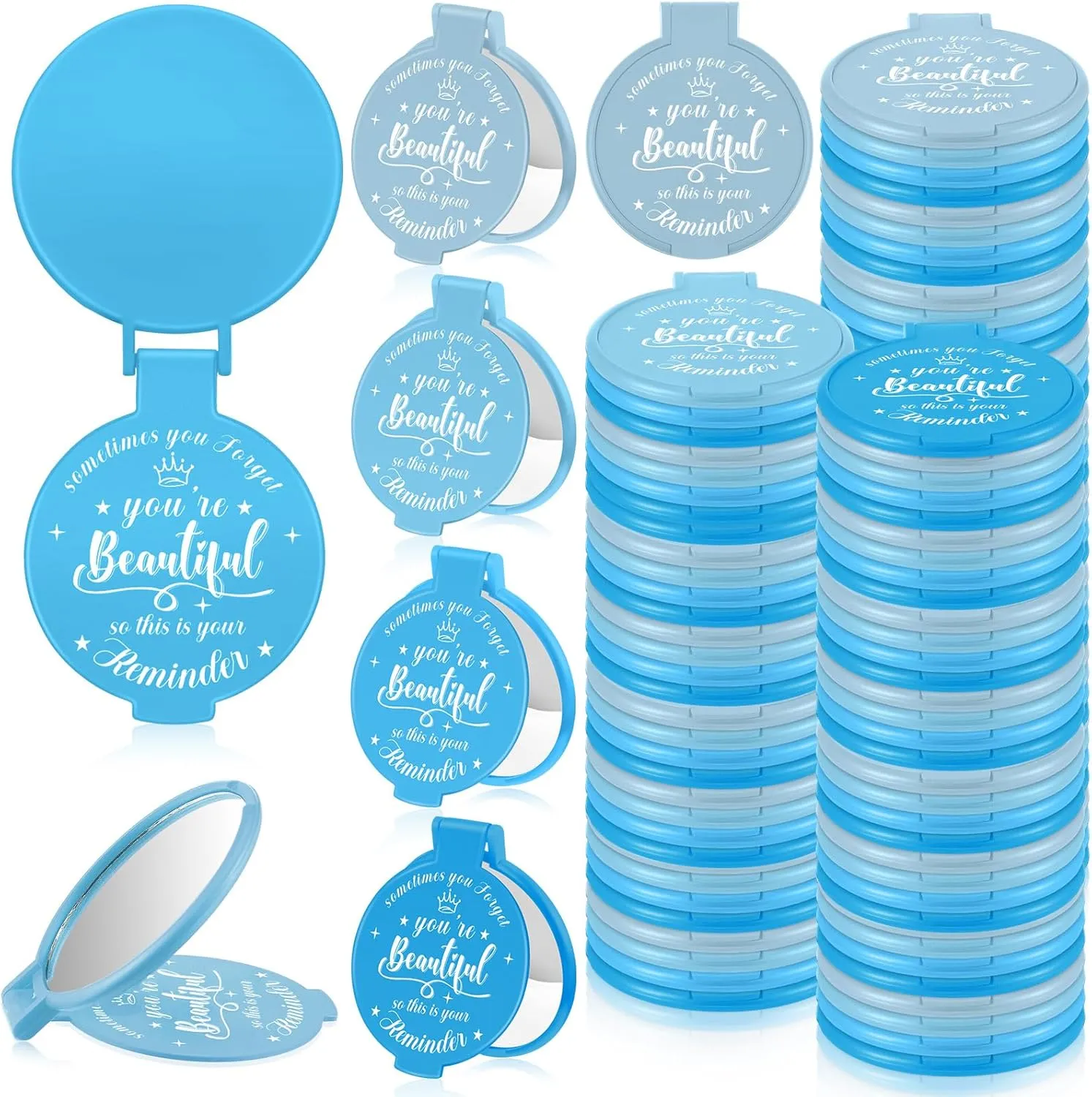100 Pcs 2.76 Inch Inspirational Compact Mirror Bulk Party Favors Purse Small Mirror Pocket Mini Gifts for Women Adult Coworker Mother's Day Teacher Graduation Friends (Blue Series)
