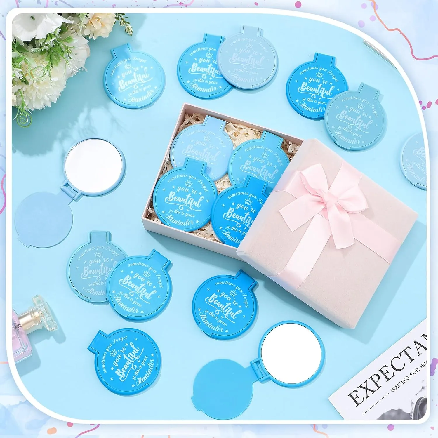 100 Pcs 2.76 Inch Inspirational Compact Mirror Bulk Party Favors Purse Small Mirror Pocket Mini Gifts for Women Adult Coworker Mother's Day Teacher Graduation Friends (Blue Series)