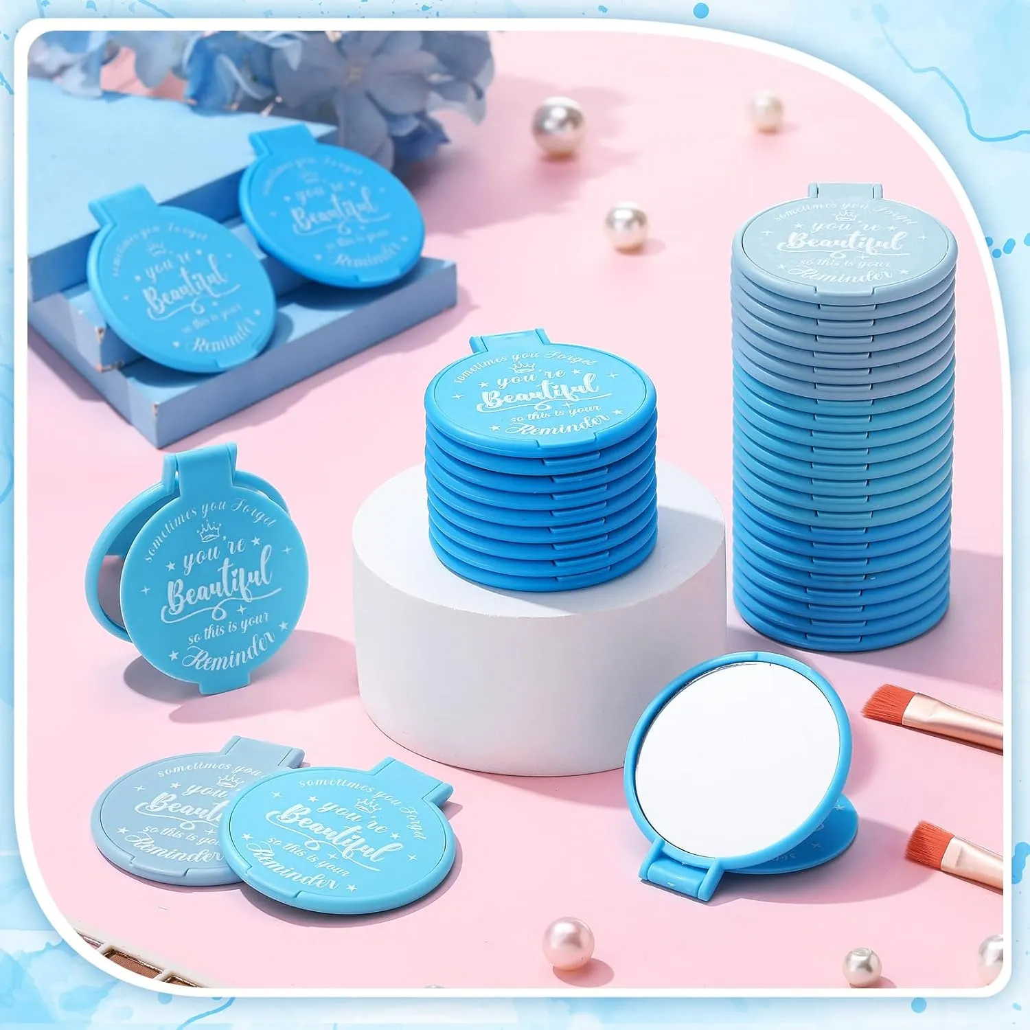 100 Pcs 2.76 Inch Inspirational Compact Mirror Bulk Party Favors Purse Small Mirror Pocket Mini Gifts for Women Adult Coworker Mother's Day Teacher Graduation Friends (Blue Series)