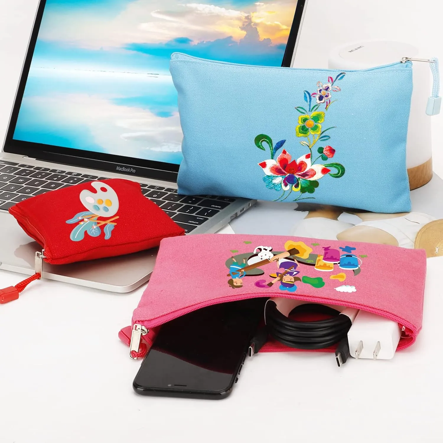 12 Pack DIY Craft Cotton Canvas Bag, Multi-Purpose Cosmetic Bag Makeup Pouches with Zipper Travel Toiletry Bag (XS, Grey)