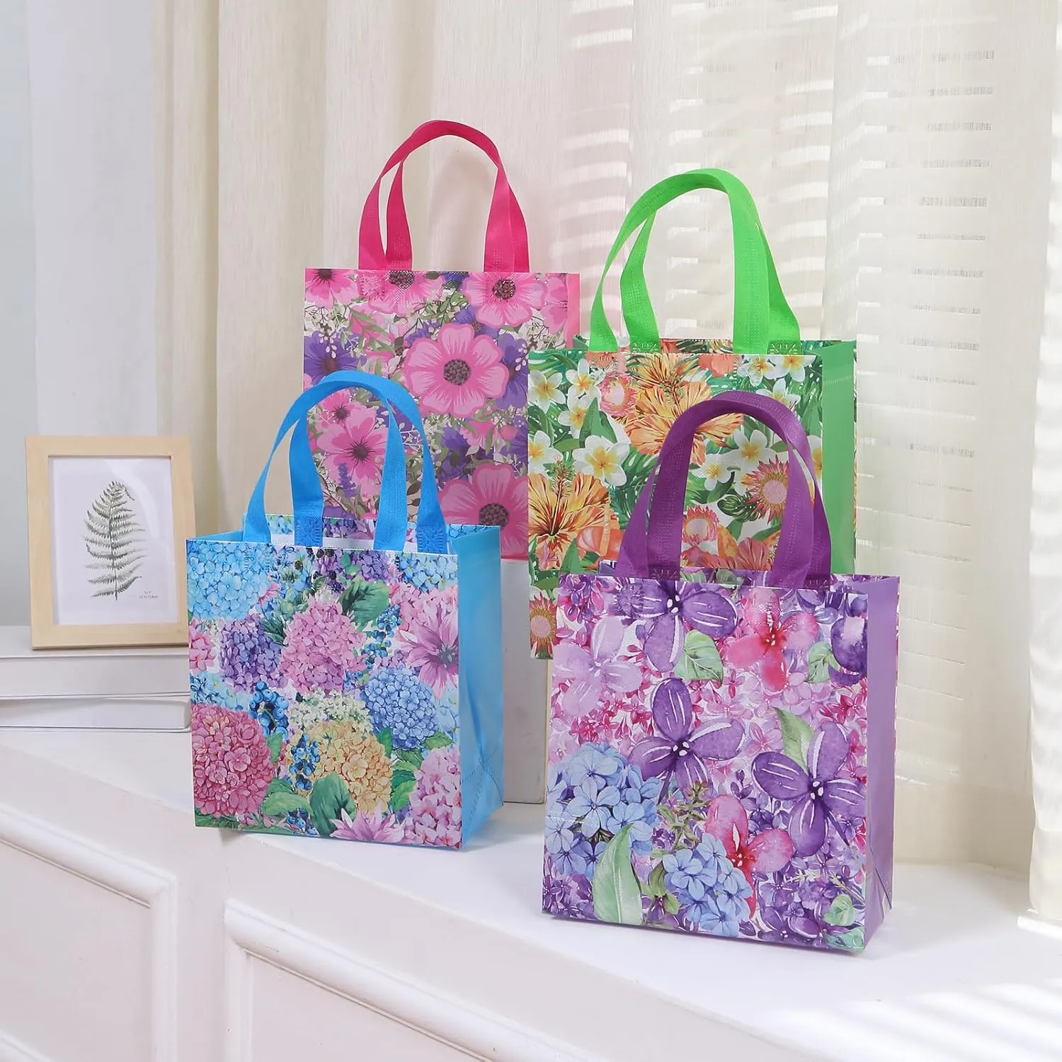 12pcs Flower Pattern Non Woven Gift Bags - Reusable Shopping Bags with Handle for Kids, Adults, Birthday, Mothers Day, Baby Shower, Wedding, Thank You Gifts