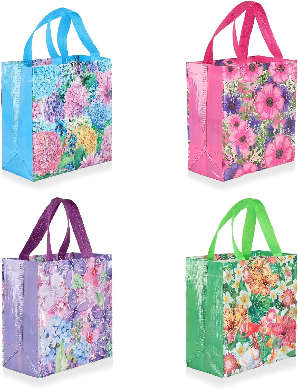 12pcs Flower Pattern Non Woven Gift Bags - Reusable Shopping Bags with Handle for Kids, Adults, Birthday, Mothers Day, Baby Shower, Wedding, Thank You Gifts