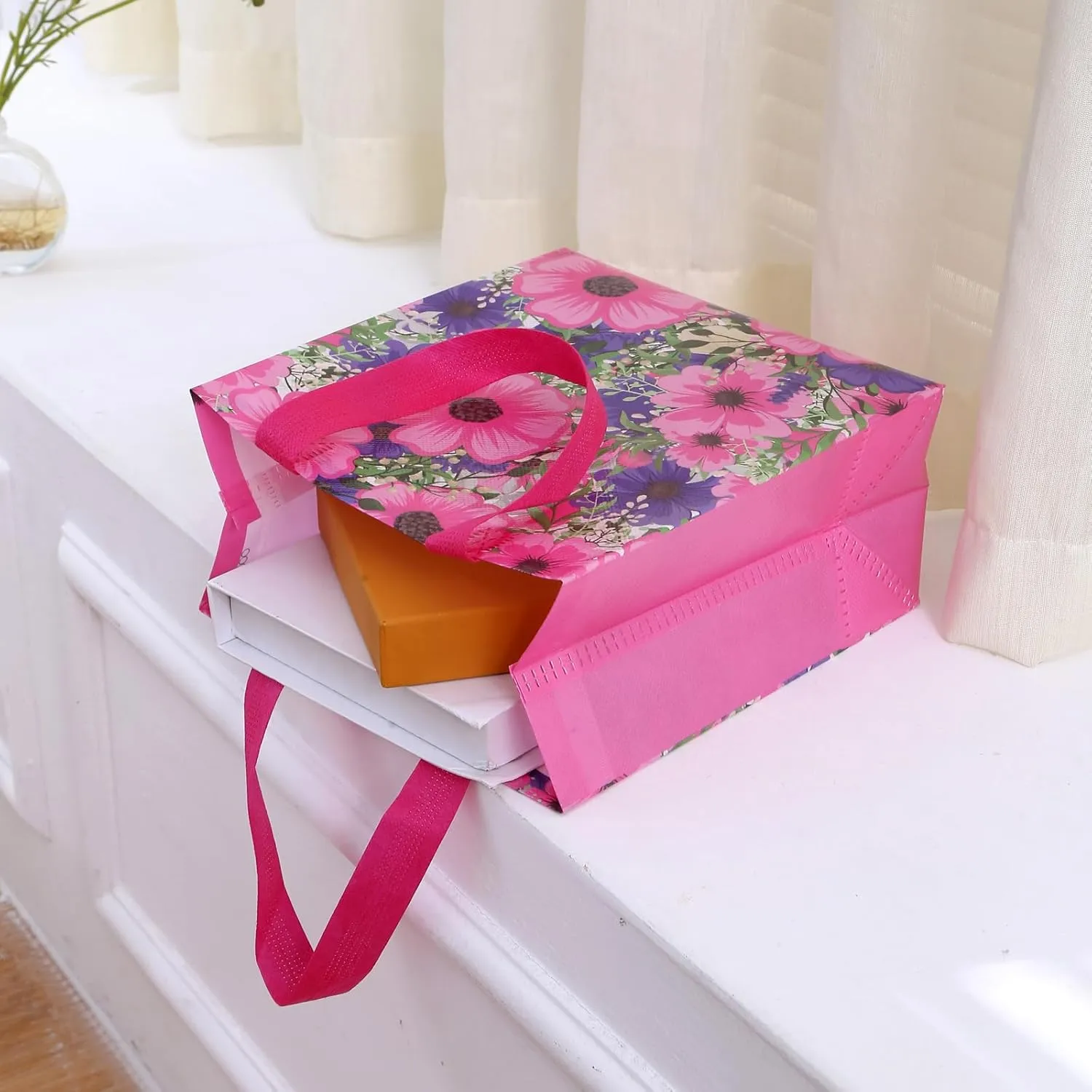 12pcs Flower Pattern Non Woven Gift Bags - Reusable Shopping Bags with Handle for Kids, Adults, Birthday, Mothers Day, Baby Shower, Wedding, Thank You Gifts