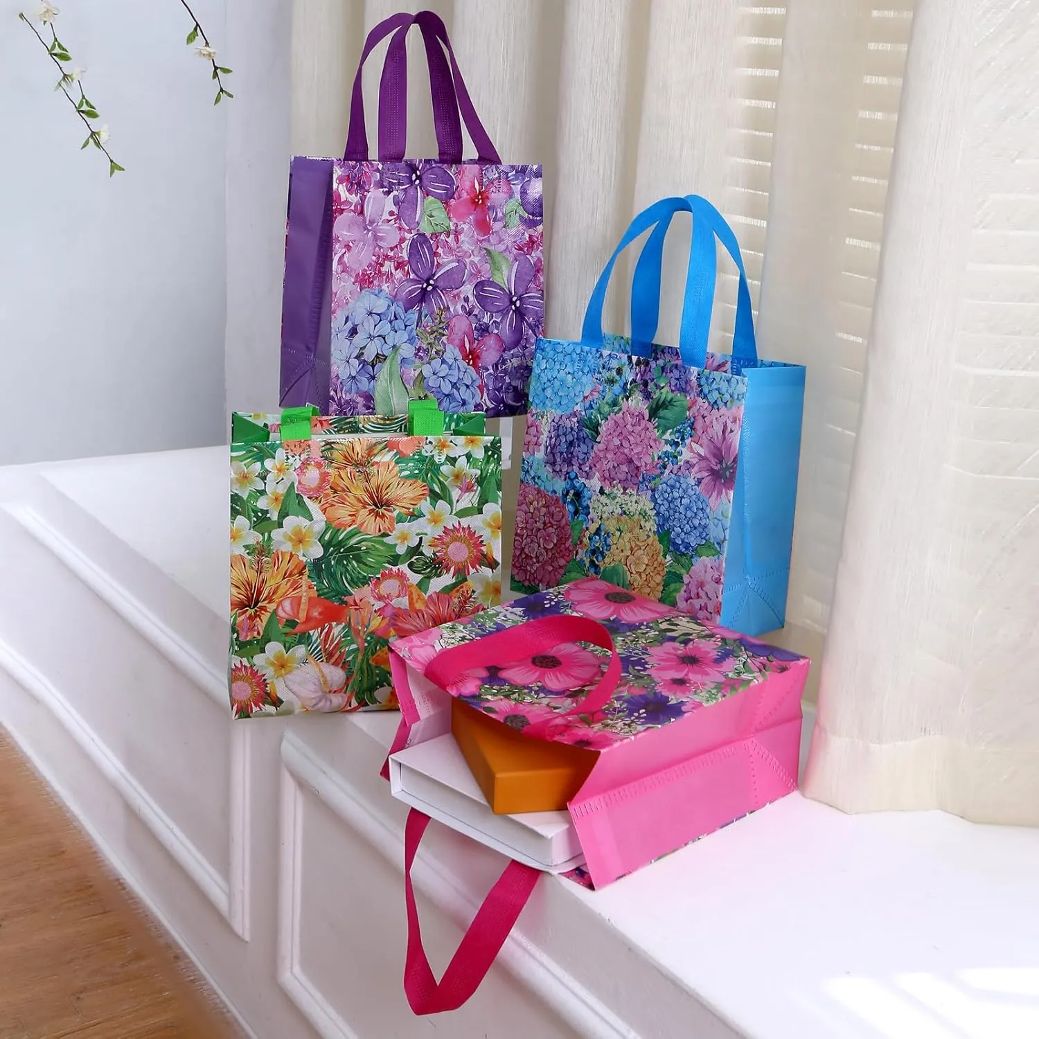 12pcs Flower Pattern Non Woven Gift Bags - Reusable Shopping Bags with Handle for Kids, Adults, Birthday, Mothers Day, Baby Shower, Wedding, Thank You Gifts