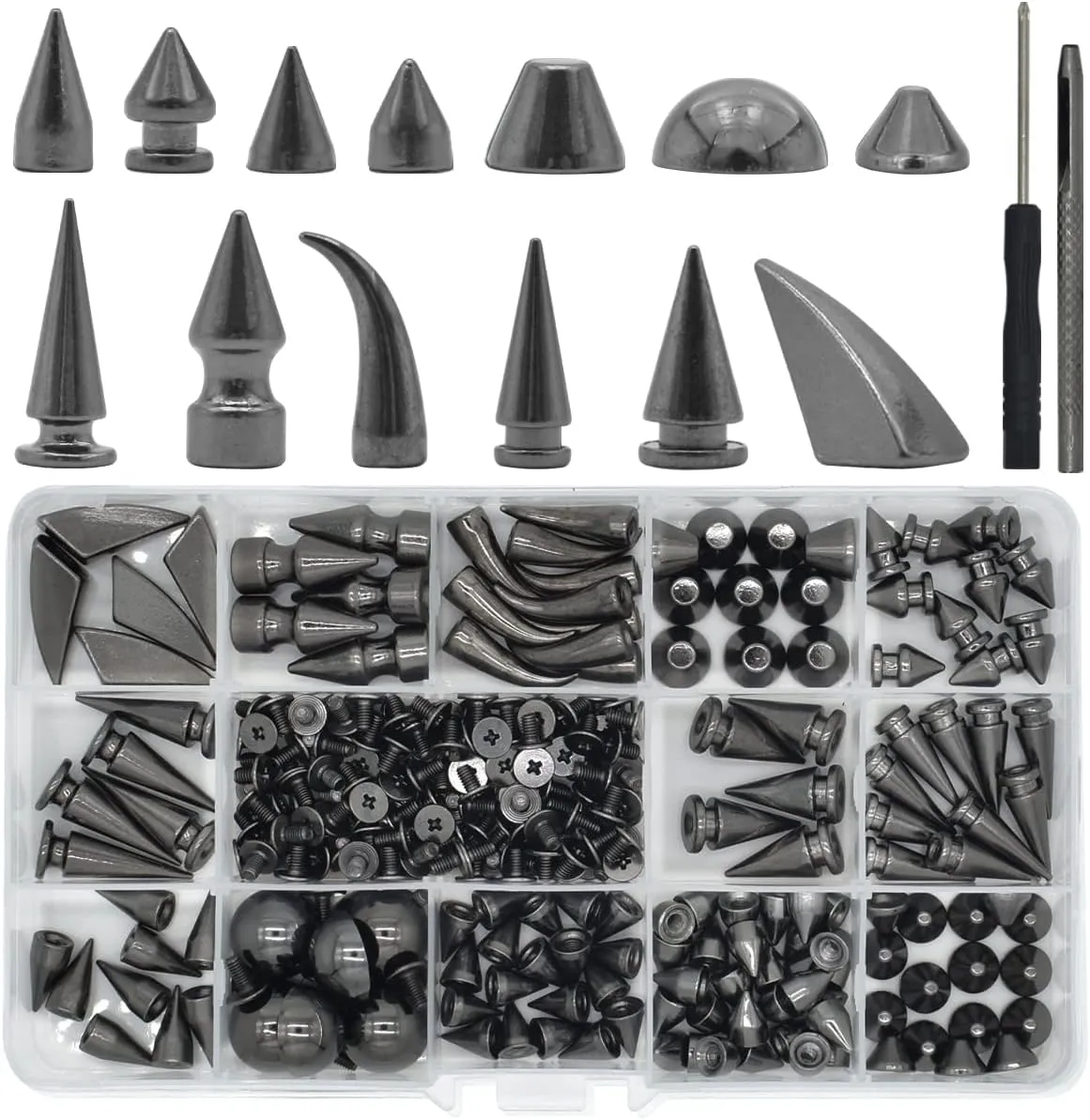 150 Sets Punk Spikes and Studs, 13 Shape Cone Spikes Leather Rivets Gothic Screw Back Studs with Install Tools for DIY Necklace Jacket Vest Shoes Boot Belts Bags Leather Crafts (Gun-Black)