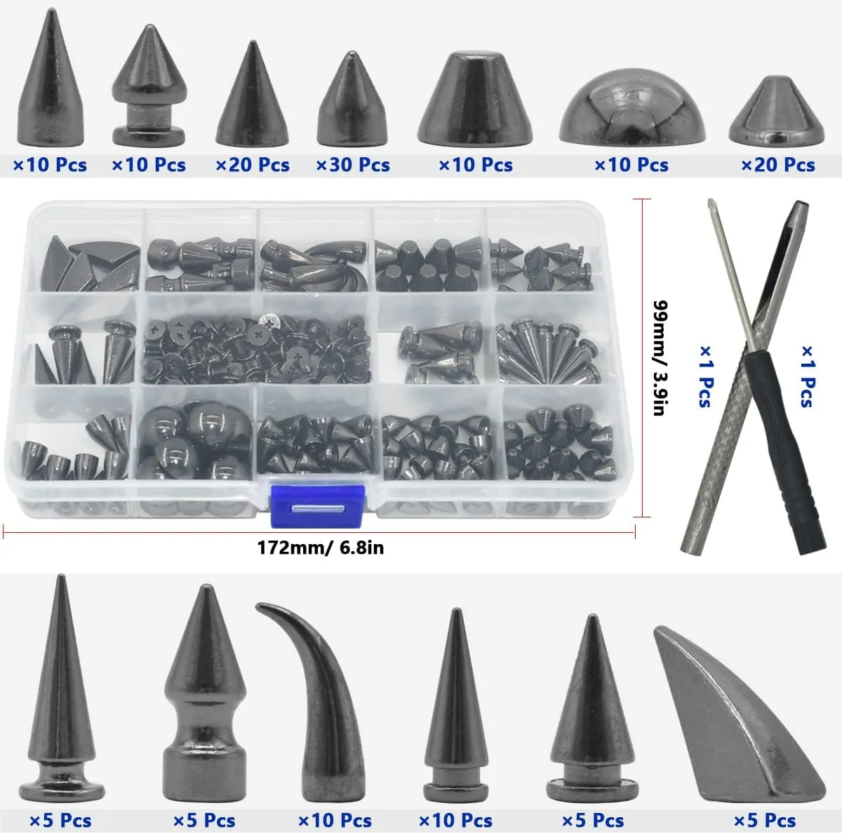 150 Sets Punk Spikes and Studs, 13 Shape Cone Spikes Leather Rivets Gothic Screw Back Studs with Install Tools for DIY Necklace Jacket Vest Shoes Boot Belts Bags Leather Crafts (Gun-Black)