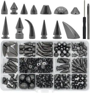 150 Sets Punk Spikes and Studs, 13 Shape Cone Spikes Leather Rivets Gothic Screw Back Studs with Install Tools for DIY Necklace Jacket Vest Shoes Boot Belts Bags Leather Crafts (Gun-Black)