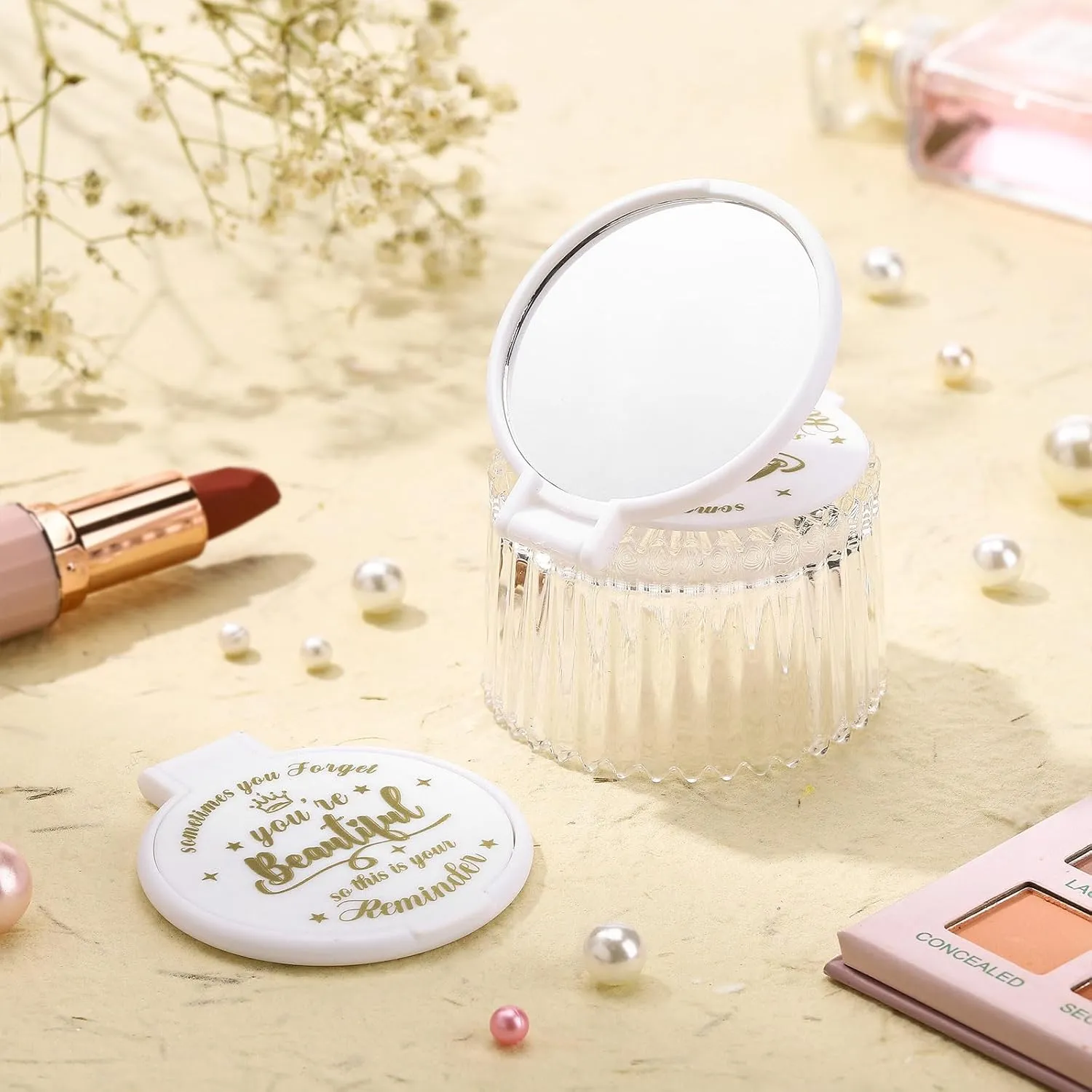 18 Pcs 2.76 Inch Inspirational Compact Mirror Bulk Party Favors Purse Small Mirror Pocket Mini Gifts for Women Adult Coworker Mother's Day Teacher Graduation Friends (White)