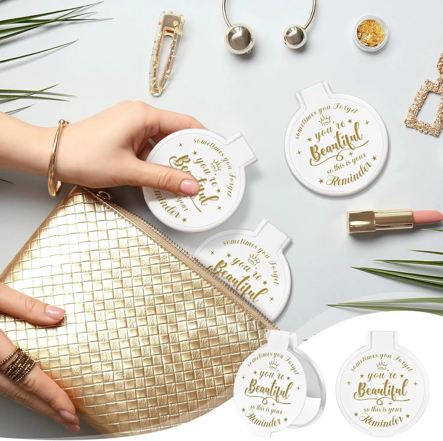 18 Pcs 2.76 Inch Inspirational Compact Mirror Bulk Party Favors Purse Small Mirror Pocket Mini Gifts for Women Adult Coworker Mother's Day Teacher Graduation Friends (White)
