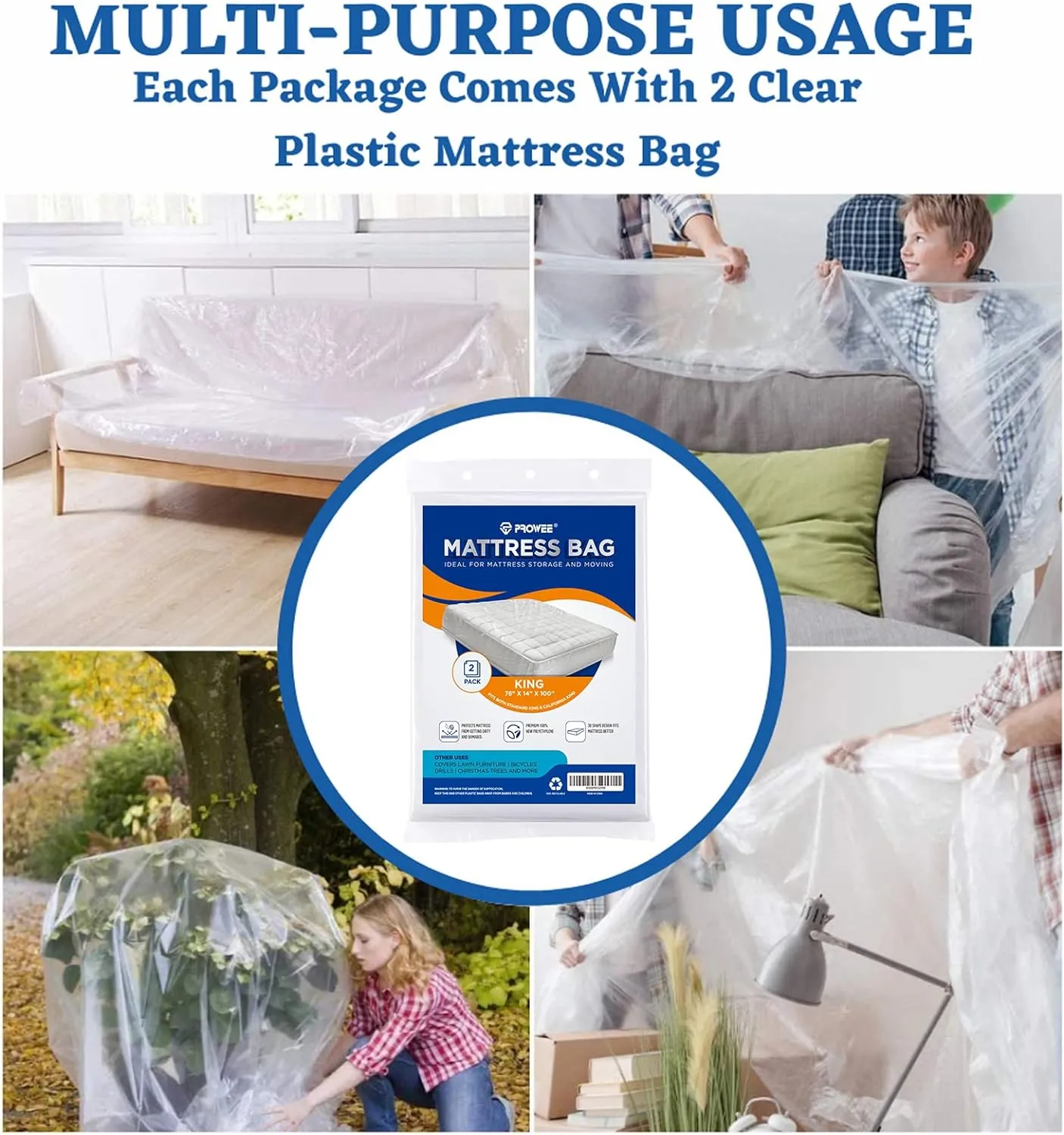 2 Pack King/California King Mattress Bag for Moving and Storage, Clear Plastic Cover for Moving, Waterproof Mattress Disposal Bags