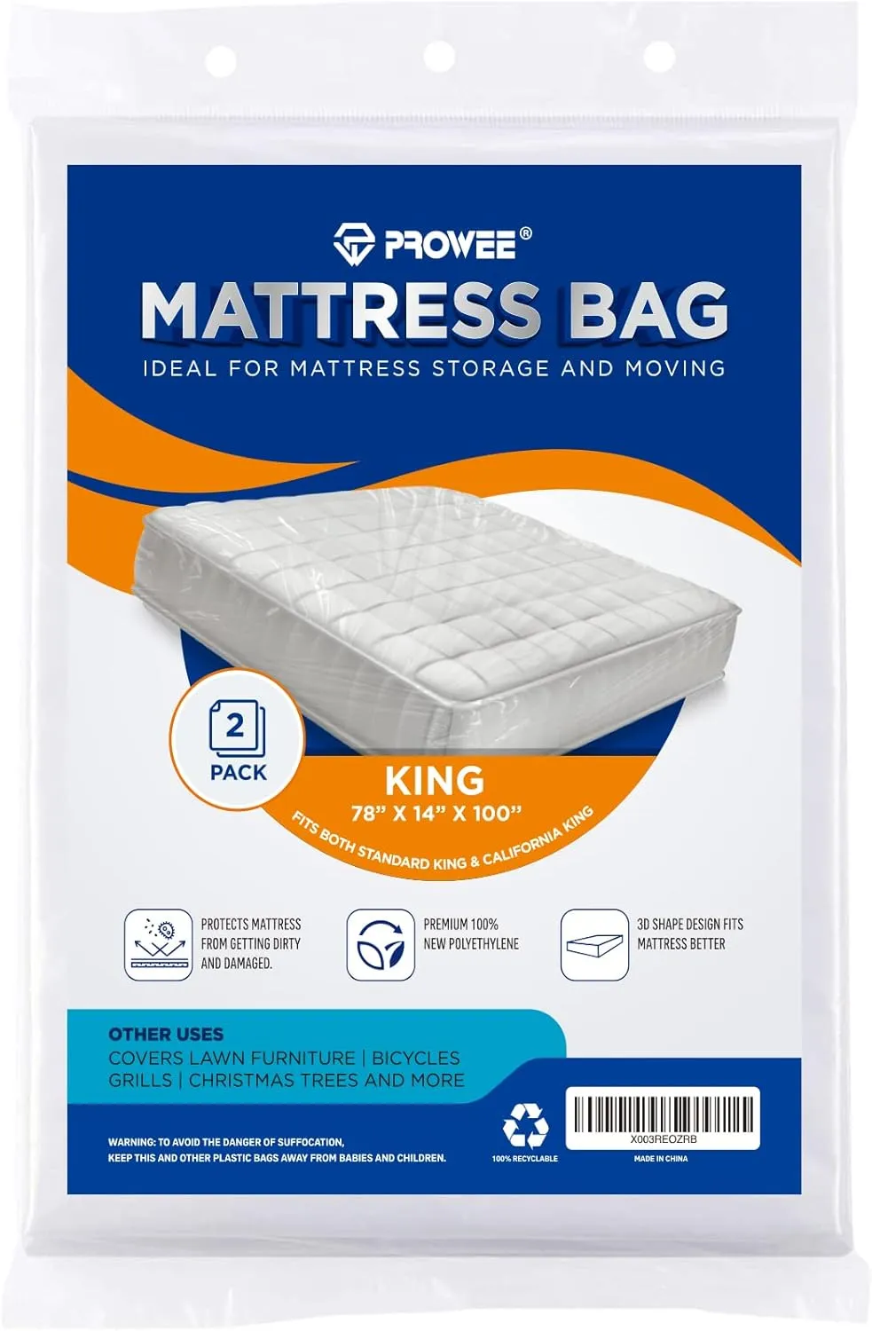 2 Pack King/California King Mattress Bag for Moving and Storage, Clear Plastic Cover for Moving, Waterproof Mattress Disposal Bags