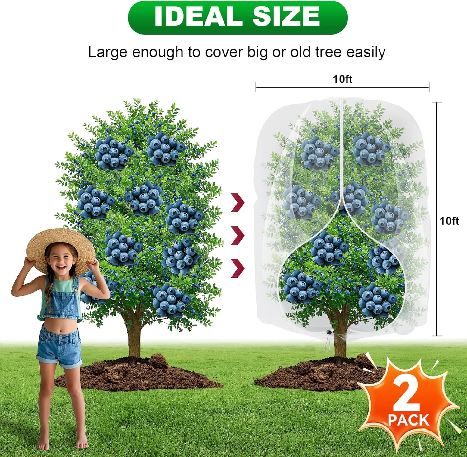 2 Pack Large Fruit Trees Netting10ftx10ft with Zipper&Drawstring Garden Netting Cover Birds Net Plant Mesh Insect Netting Protection Bags for Blueberry Bushes Shrubs Vegetables Flowers Herbs