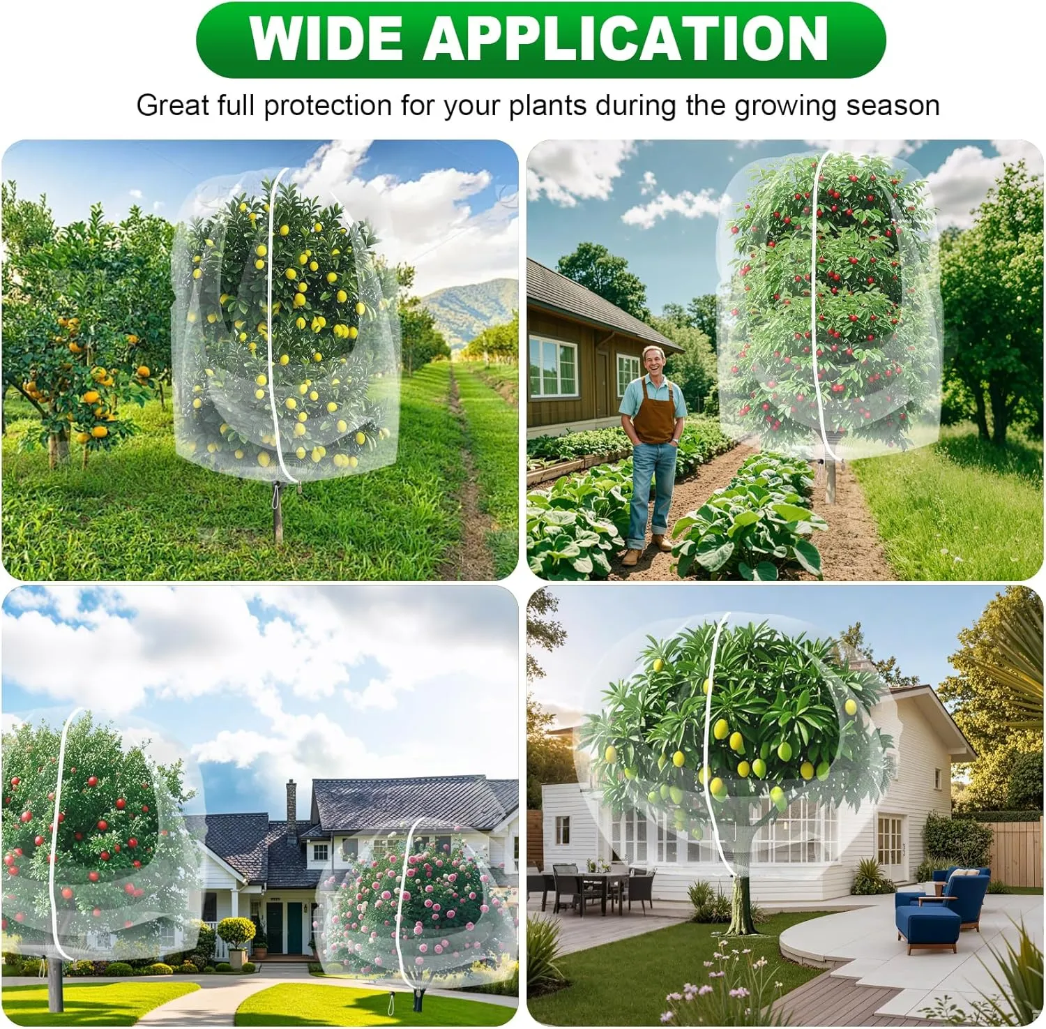 2 Pack Large Fruit Trees Netting10ftx10ft with Zipper&Drawstring Garden Netting Cover Birds Net Plant Mesh Insect Netting Protection Bags for Blueberry Bushes Shrubs Vegetables Flowers Herbs