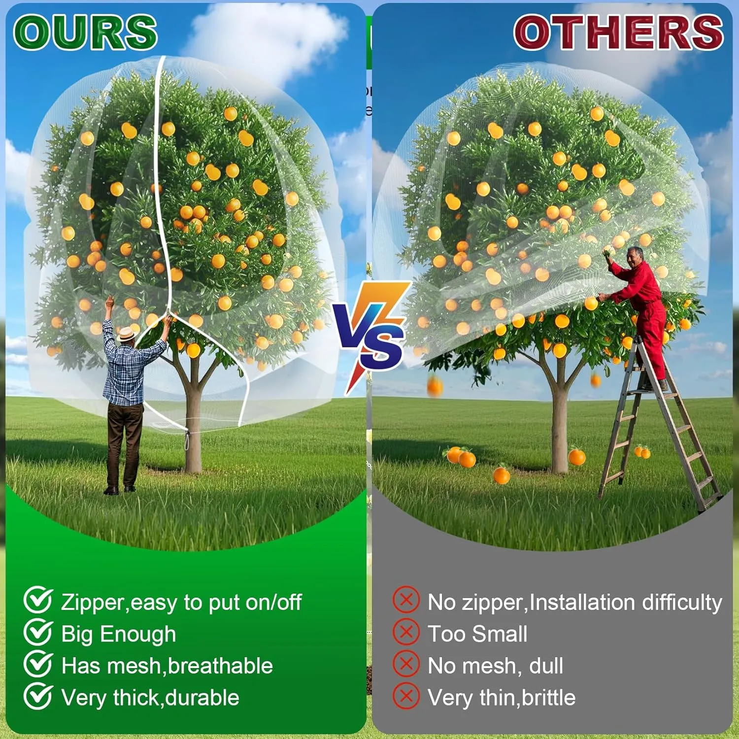 2 Pack Large Fruit Trees Netting10ftx10ft with Zipper&Drawstring Garden Netting Cover Birds Net Plant Mesh Insect Netting Protection Bags for Blueberry Bushes Shrubs Vegetables Flowers Herbs