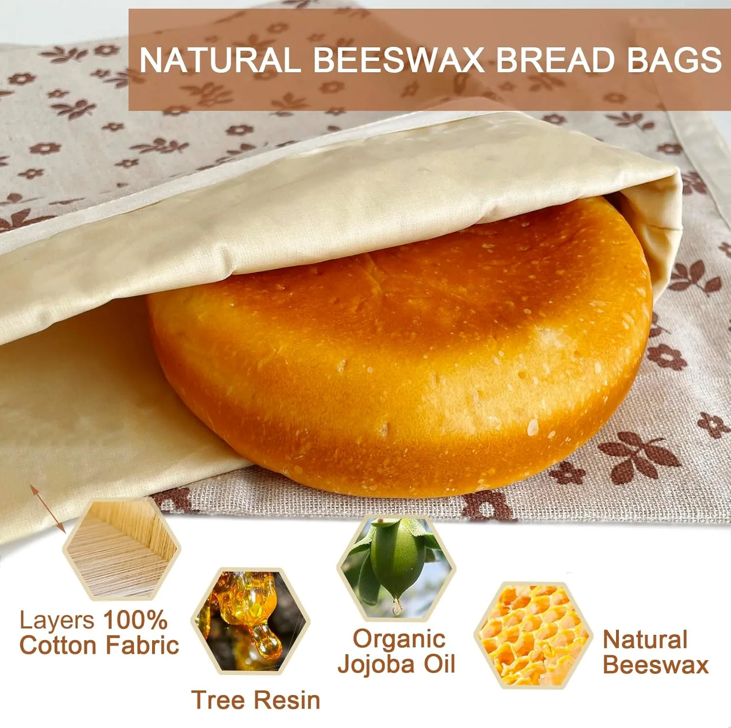 2 Packs Reusable Beeswax Bread Bags,Bread Bags for Homemade Bread,Cotton Beeswax Bread Bag to Keep Fresh,Sourdough Bread Bags,Perfect Bag for Home-Baked, Large, brown