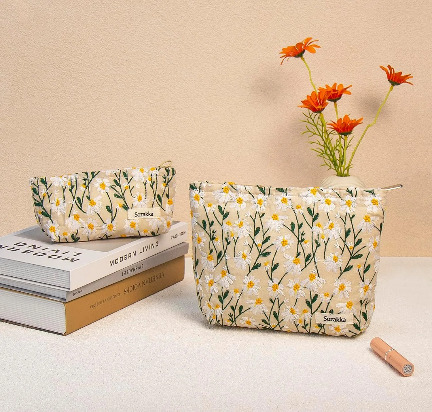 2 Pcs Makeup Bags, Large Cosmetic Bag Travel Toiletry Bag Organizer for Women, Embroidery Craft, Floral Makeup Bag Small Cosmetic Pouch Purse with Zipper Gifts for Girls Teen