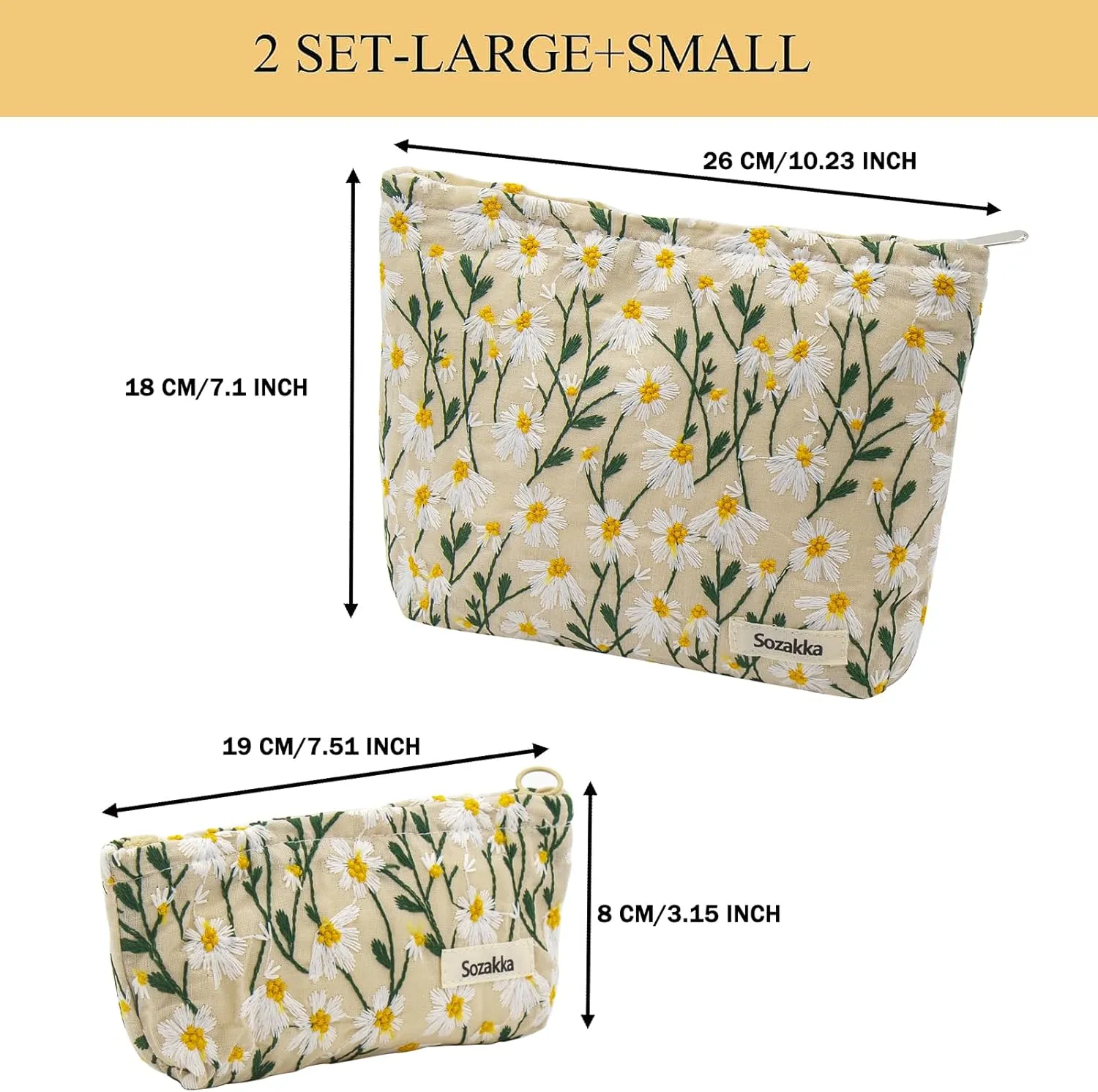 2 Pcs Makeup Bags, Large Cosmetic Bag Travel Toiletry Bag Organizer for Women, Embroidery Craft, Floral Makeup Bag Small Cosmetic Pouch Purse with Zipper Gifts for Girls Teen
