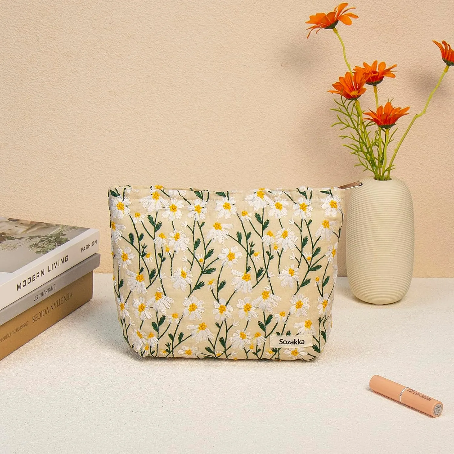 2 Pcs Makeup Bags, Large Cosmetic Bag Travel Toiletry Bag Organizer for Women, Embroidery Craft, Floral Makeup Bag Small Cosmetic Pouch Purse with Zipper Gifts for Girls Teen