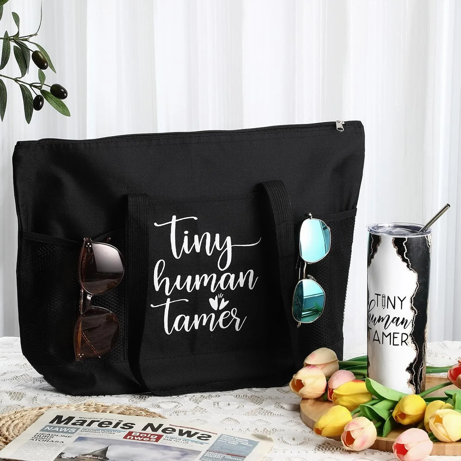 2 Pcs Mothers Day Gifts for Mom Women Tote Bag 20 oz Tumbler with Lid and Straw Tiny Human Tamer Teacher Appreciation Gifts for Thank You Daycare Preschool Babysitter(Black)