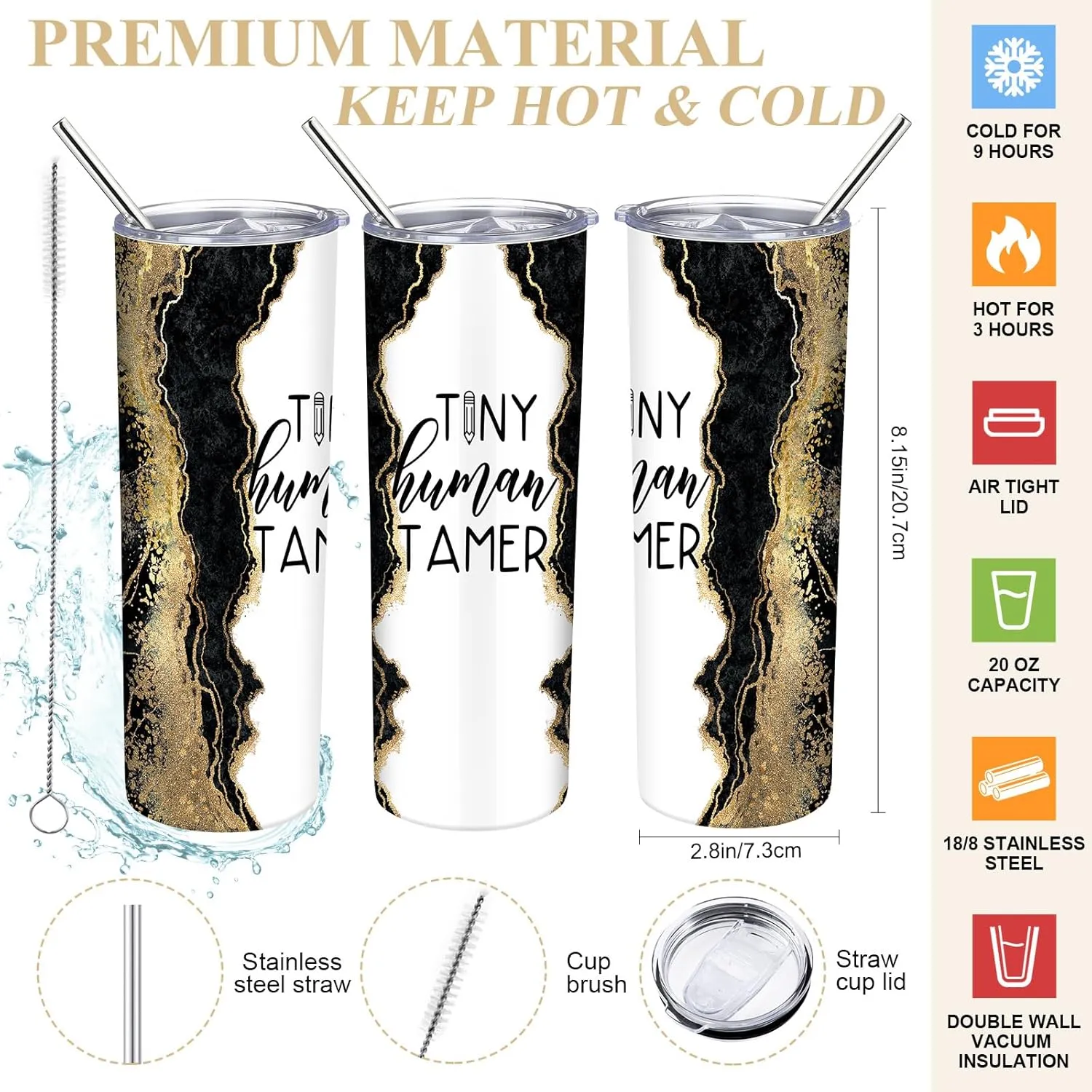 2 Pcs Mothers Day Gifts for Mom Women Tote Bag 20 oz Tumbler with Lid and Straw Tiny Human Tamer Teacher Appreciation Gifts for Thank You Daycare Preschool Babysitter(Black)