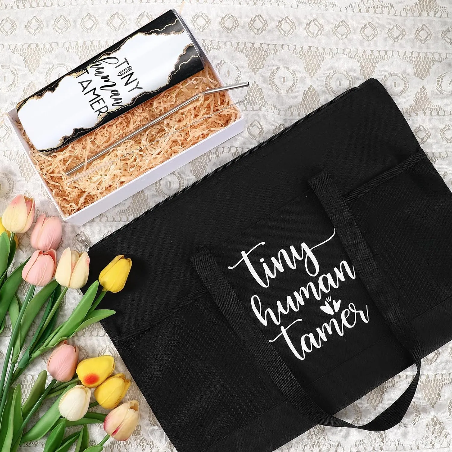 2 Pcs Mothers Day Gifts for Mom Women Tote Bag 20 oz Tumbler with Lid and Straw Tiny Human Tamer Teacher Appreciation Gifts for Thank You Daycare Preschool Babysitter(Black)