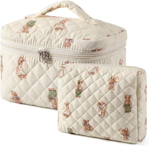 2 Pcs Quilted Cotton Makeup Pouch, Coquette Floral Quilted Toiletry Makeup Bag for Women and Girls, Aesthetic Travel Organized Cosmetic Bags(02Bear Pattern)