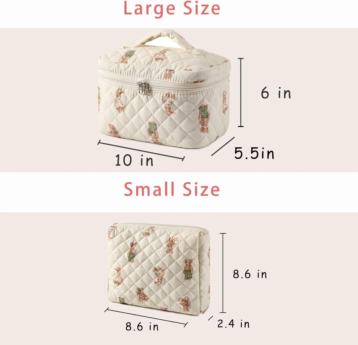 2 Pcs Quilted Cotton Makeup Pouch, Coquette Floral Quilted Toiletry Makeup Bag for Women and Girls, Aesthetic Travel Organized Cosmetic Bags(02Bear Pattern)