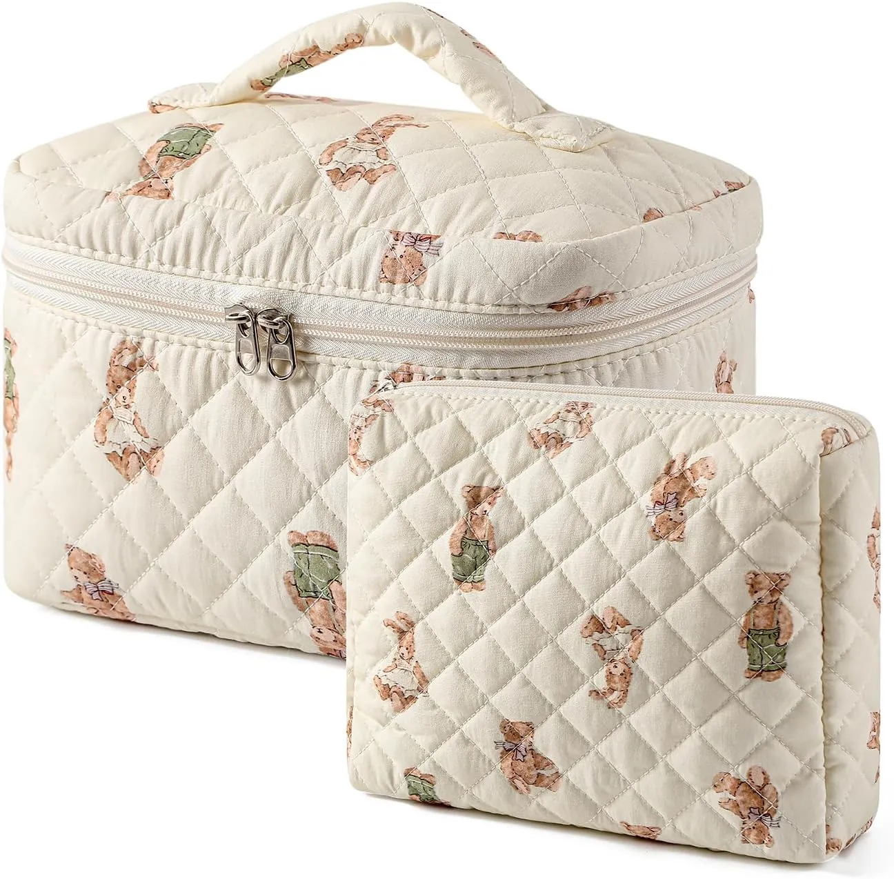 2 Pcs Quilted Cotton Makeup Pouch, Coquette Floral Quilted Toiletry Makeup Bag for Women and Girls, Aesthetic Travel Organized Cosmetic Bags(02Bear Pattern)