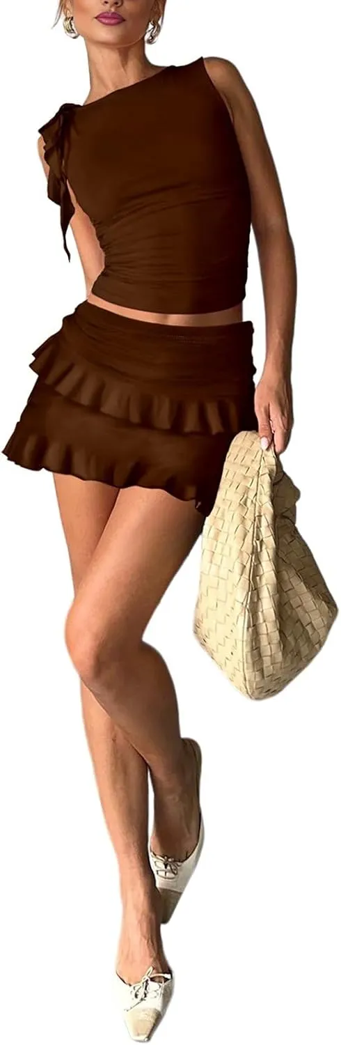 2 Piece Sets for Women Y2k Going Out Ruffle Trim Ruched Tank Top And High Waist Skirt Set Club Mini Dress