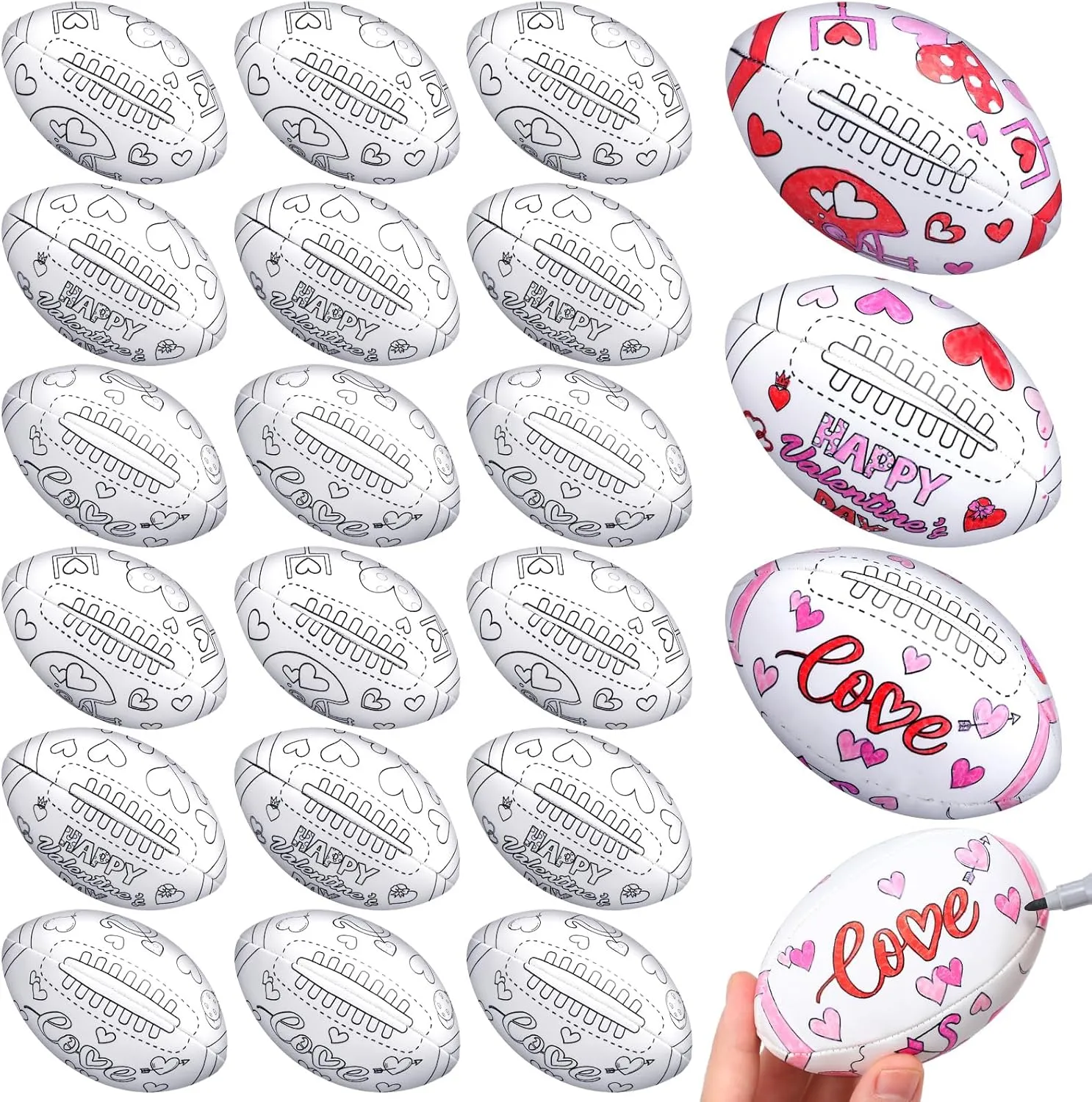 24 Pcs Color Your Own Valentine Footballs DIY Valentine's Day Soccer Stress Balls Arts and Crafts Kit for Women Party Gifts