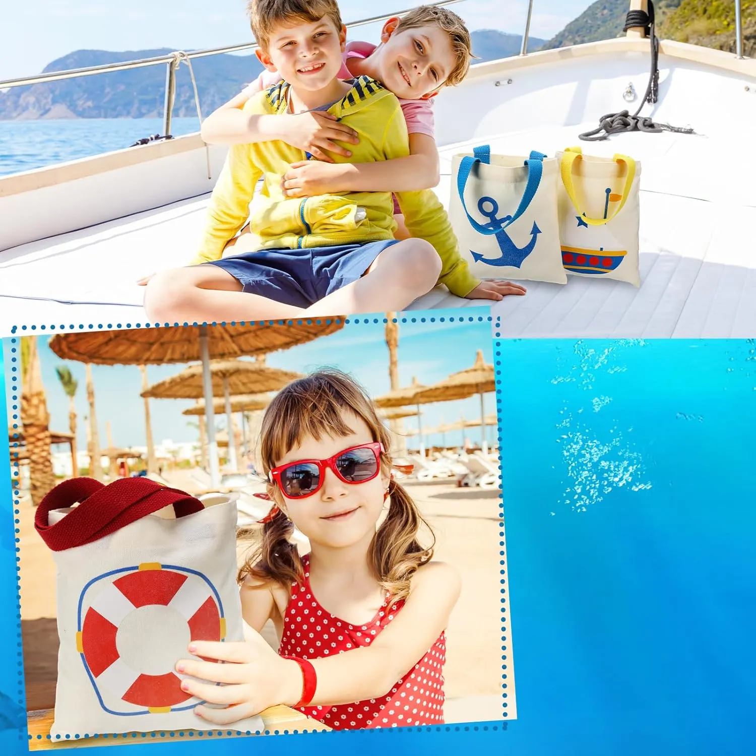 24 Pcs Nautical Gift Bags Cruise Canvas Tote Bags Vbs Vacation Bible School Supplies Anchor Beach Nautical Party Favors, 8.5'' x 8.0"
