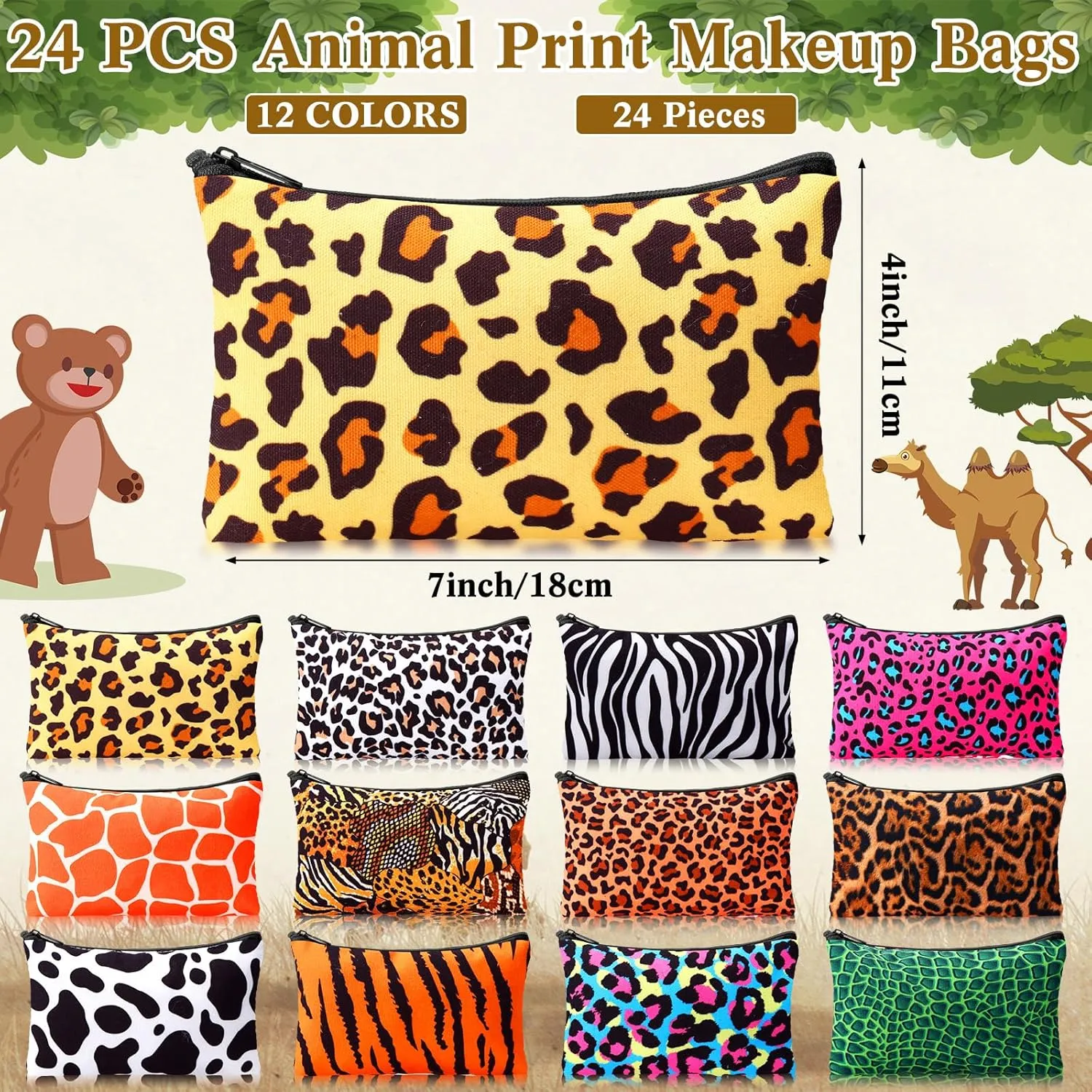 24 Pieces Makeup Bags Bulk Canvas Cosmetic Bags Purse Organizer Zipper Cosmetic Pouch Portable Travel Toiletry Pouch for Women Men Gifts, 7 x 4 Inch (Leopard Print)