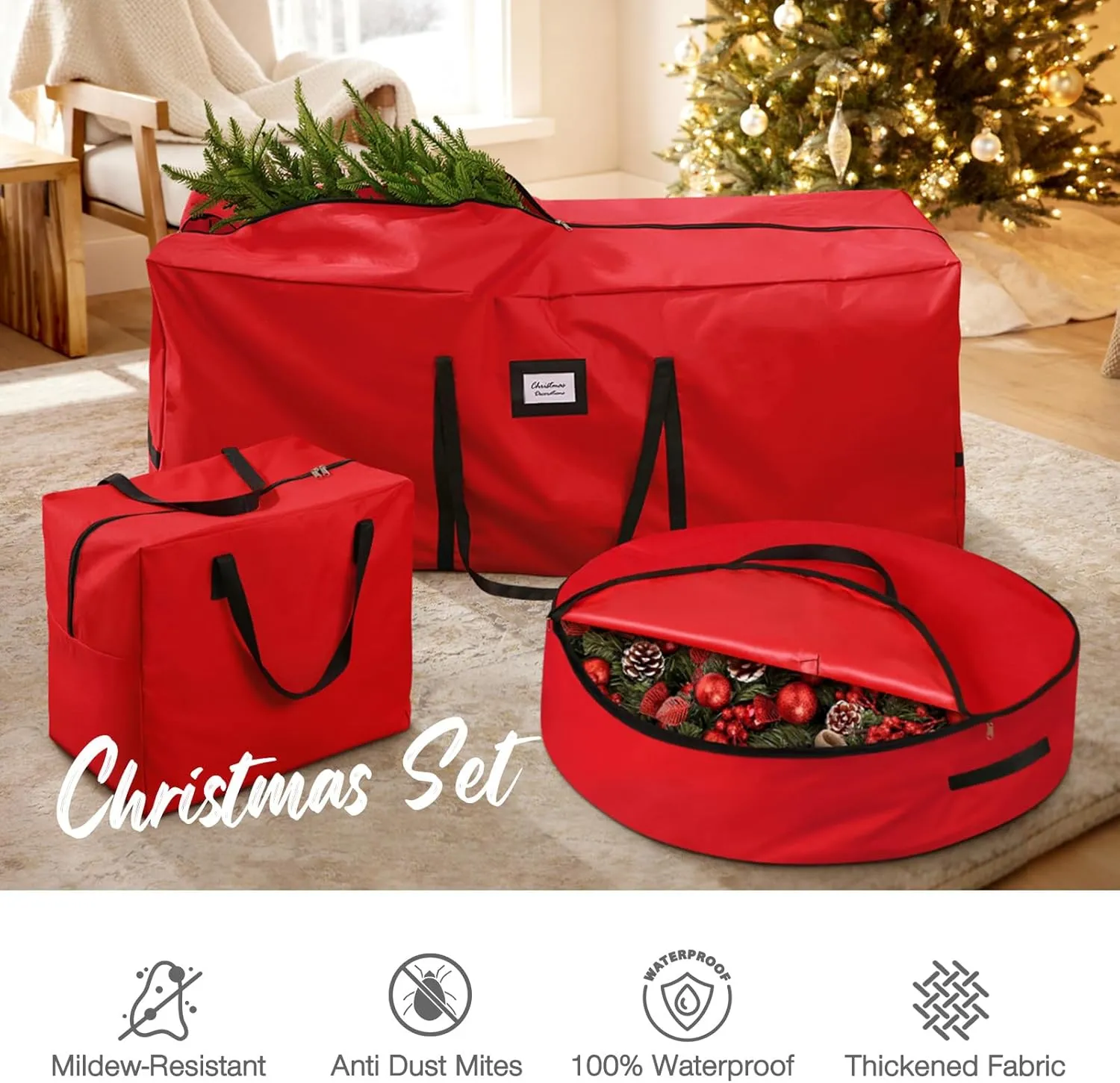 3 Pack Christmas Tree Storage Bag, for 7.5 Ft Artificial Trees up, Durable Waterproof With Reinforced Carrying Handles, Xmas Holiday Garland Bag Storage Case (7.5 Ft, Red)