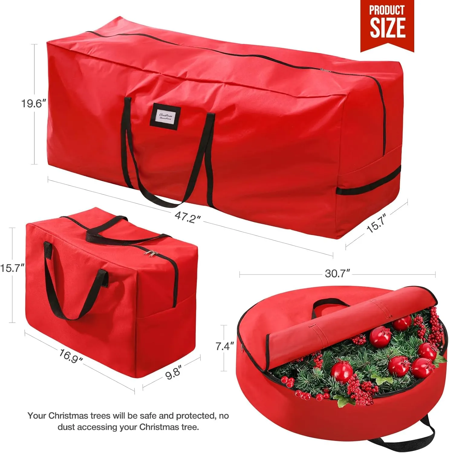 3 Pack Christmas Tree Storage Bag, for 7.5 Ft Artificial Trees up, Durable Waterproof With Reinforced Carrying Handles, Xmas Holiday Garland Bag Storage Case (7.5 Ft, Red)
