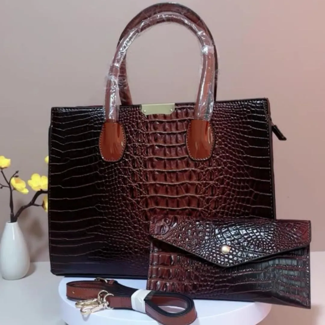 3 Pcs Set Women Tote Top-handle Handbags Patent PU Leather Crocodile Pattern Shoulder Crossbody Bag Large Designer Purse