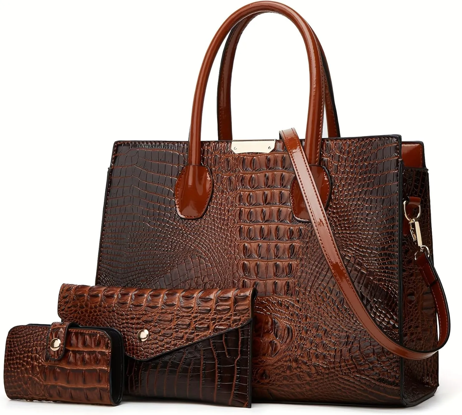 3 Pcs Set Women Tote Top-handle Handbags Patent PU Leather Crocodile Pattern Shoulder Crossbody Bag Large Designer Purse