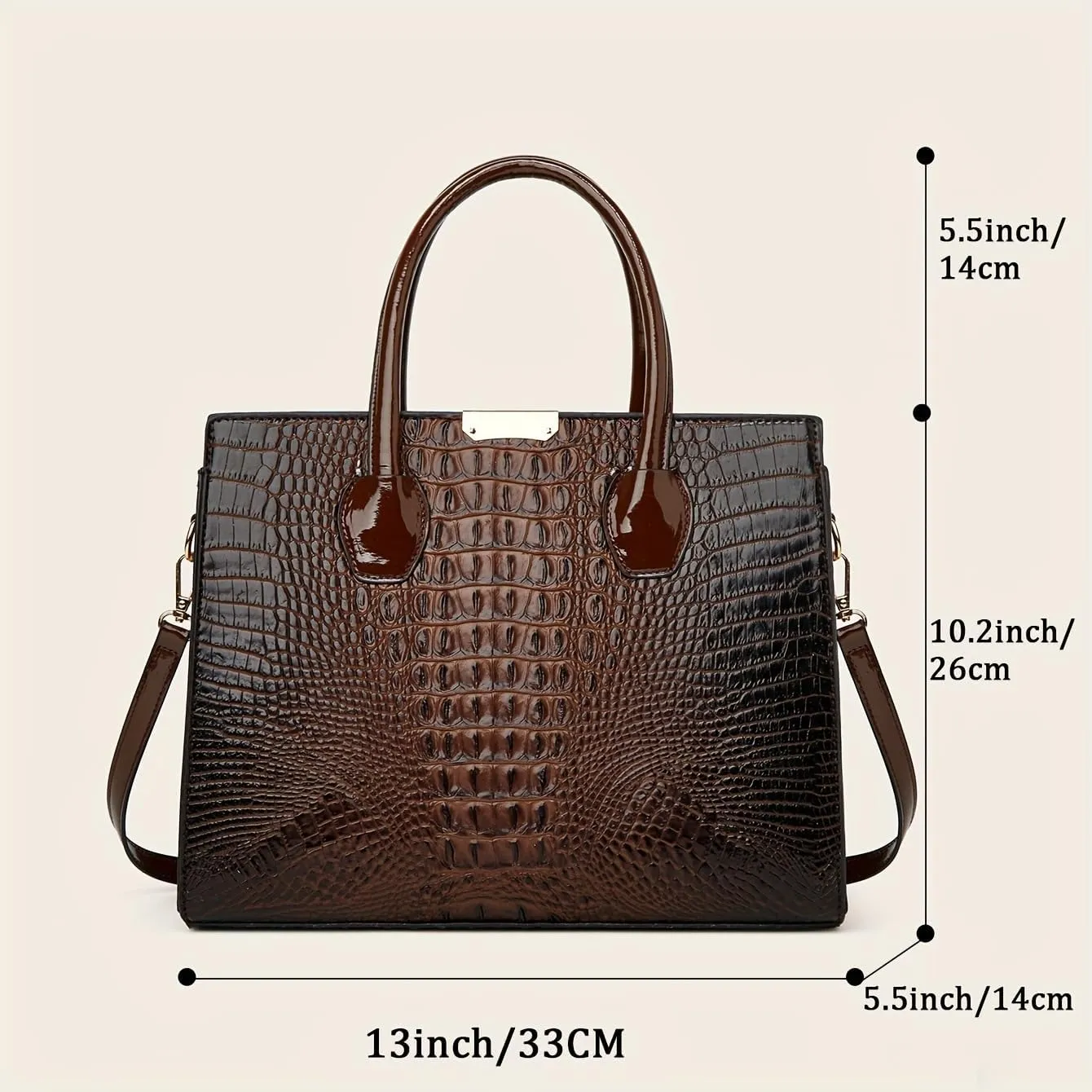 3 Pcs Set Women Tote Top-handle Handbags Patent PU Leather Crocodile Pattern Shoulder Crossbody Bag Large Designer Purse