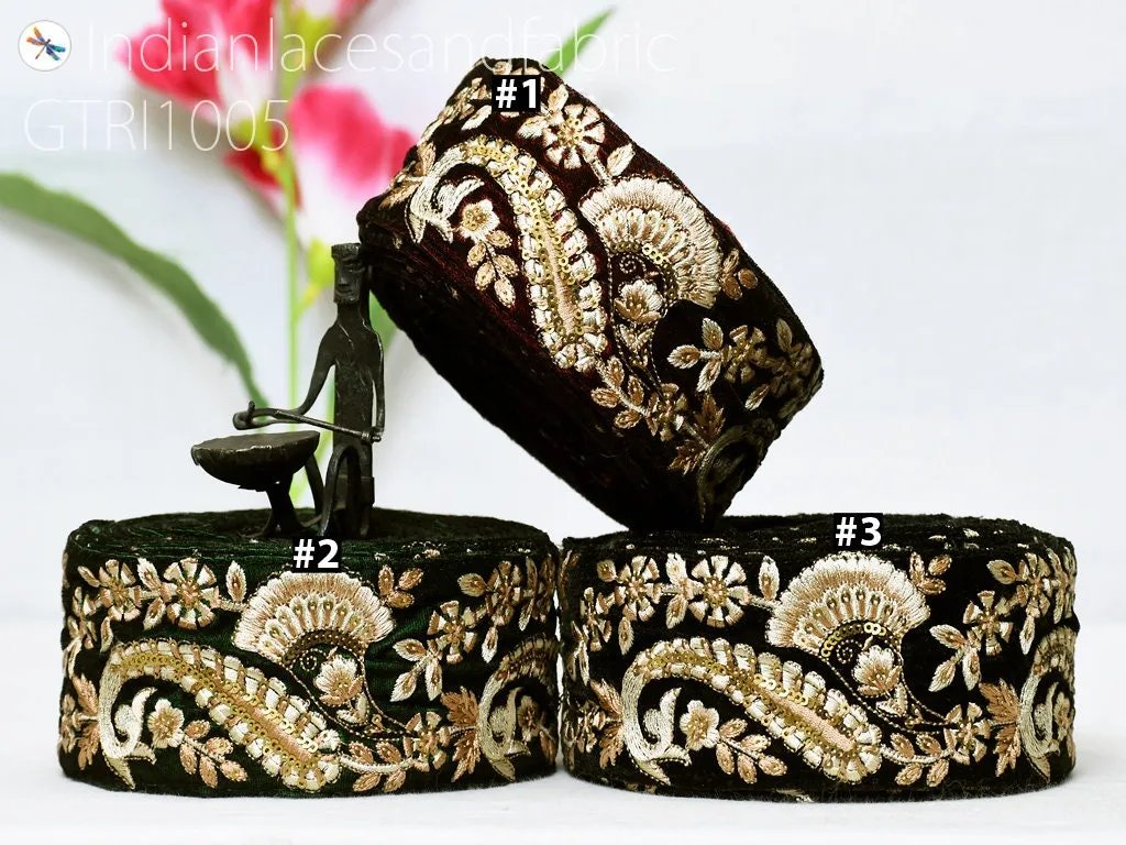 3 Yard Embroidered Velvet Fabric 65mm Trim Embellishments Saree Ribbon Indian Sari Gold Crafting Sewing Border DIY Beach Bag Hats Trimmings