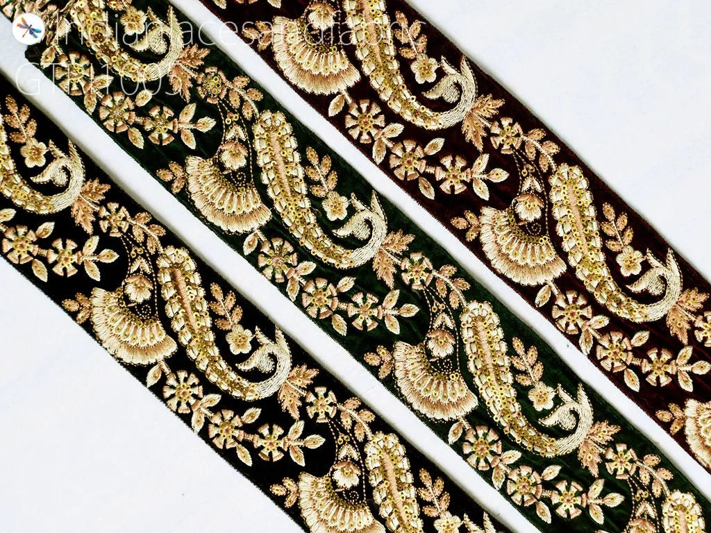 3 Yard Embroidered Velvet Fabric 65mm Trim Embellishments Saree Ribbon Indian Sari Gold Crafting Sewing Border DIY Beach Bag Hats Trimmings