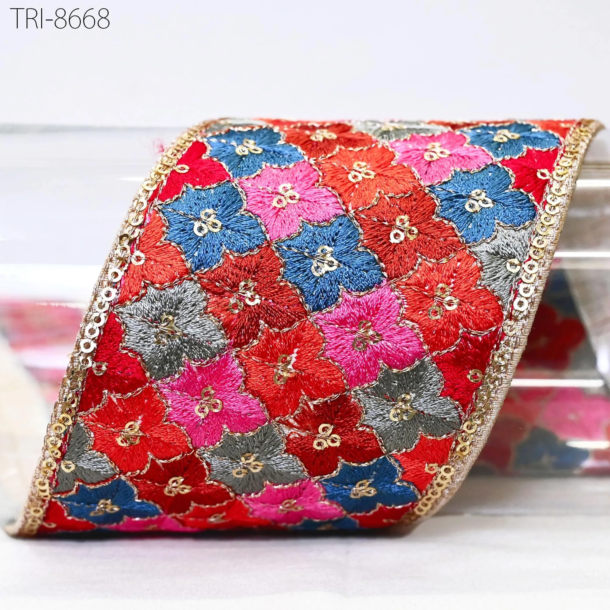 3 Yard Red Magenta Embroidered 8 Cm Ribbons  Indian Sari Border Fabric Trims Crafting Ribbon Table Runners Curtains Decorative Trimmings