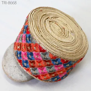 3 Yard Red Magenta Embroidered 8 Cm Ribbons  Indian Sari Border Fabric Trims Crafting Ribbon Table Runners Curtains Decorative Trimmings