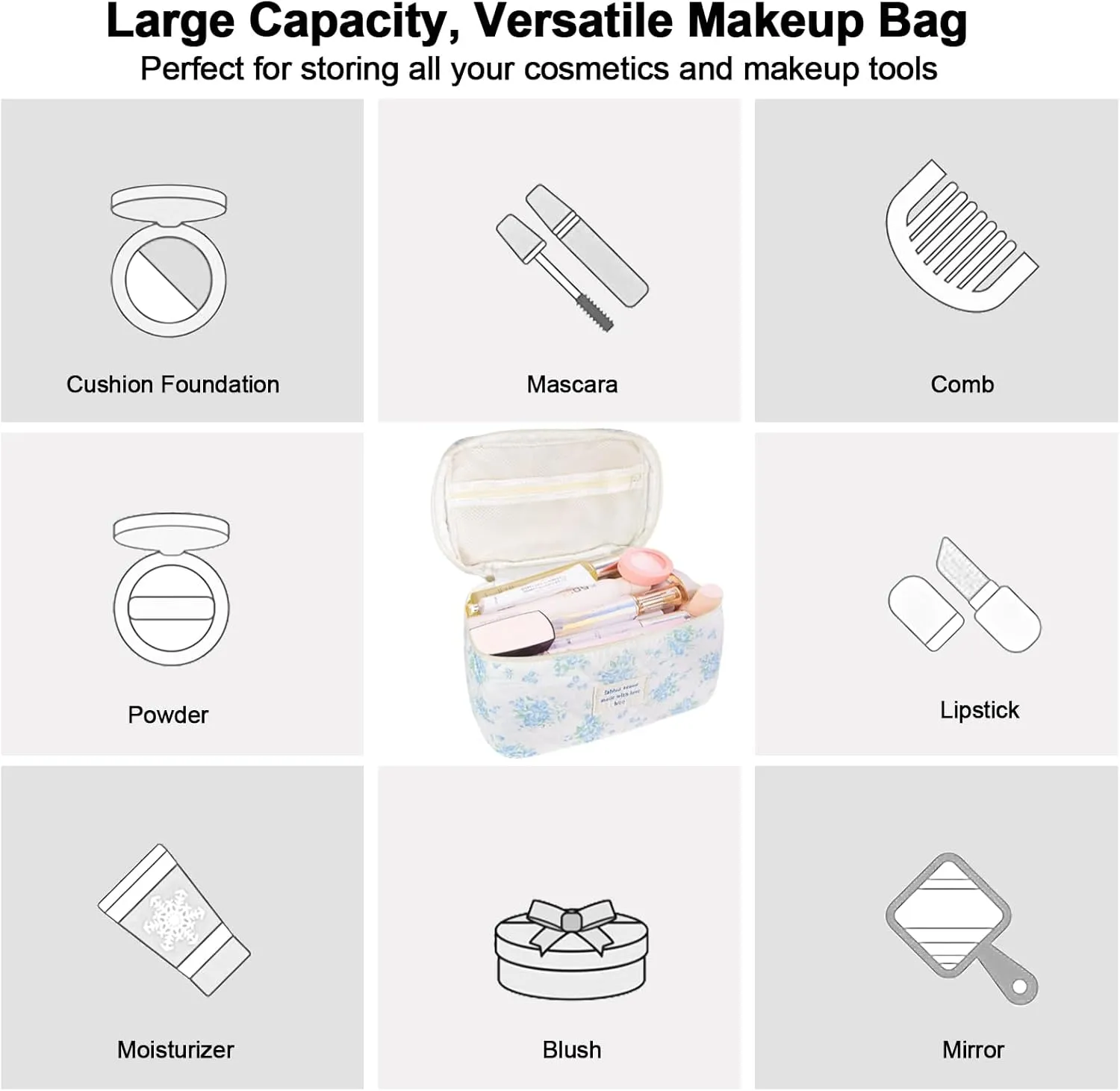 3Pcs Cotton Quilted Makeup Bag for Women Girls, Large Floral Cosmetic Bag Set Cute Makeup Brushes Aesthetic Accessories Storage Bag Blue Rose Flower Travel Toiletry Bag Organizer