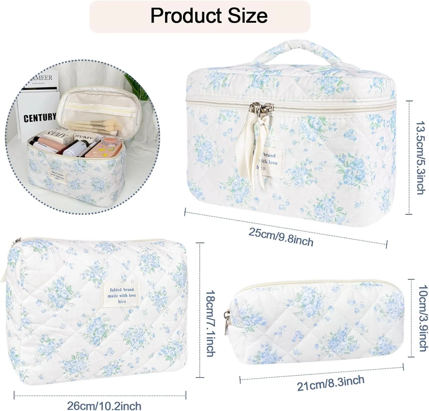 3Pcs Cotton Quilted Makeup Bag for Women Girls, Large Floral Cosmetic Bag Set Cute Makeup Brushes Aesthetic Accessories Storage Bag Blue Rose Flower Travel Toiletry Bag Organizer