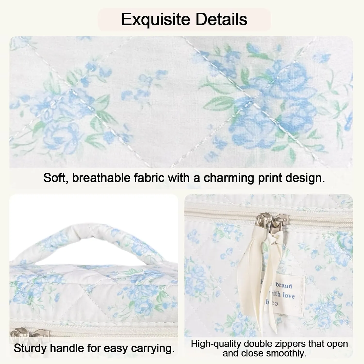 3Pcs Cotton Quilted Makeup Bag for Women Girls, Large Floral Cosmetic Bag Set Cute Makeup Brushes Aesthetic Accessories Storage Bag Blue Rose Flower Travel Toiletry Bag Organizer