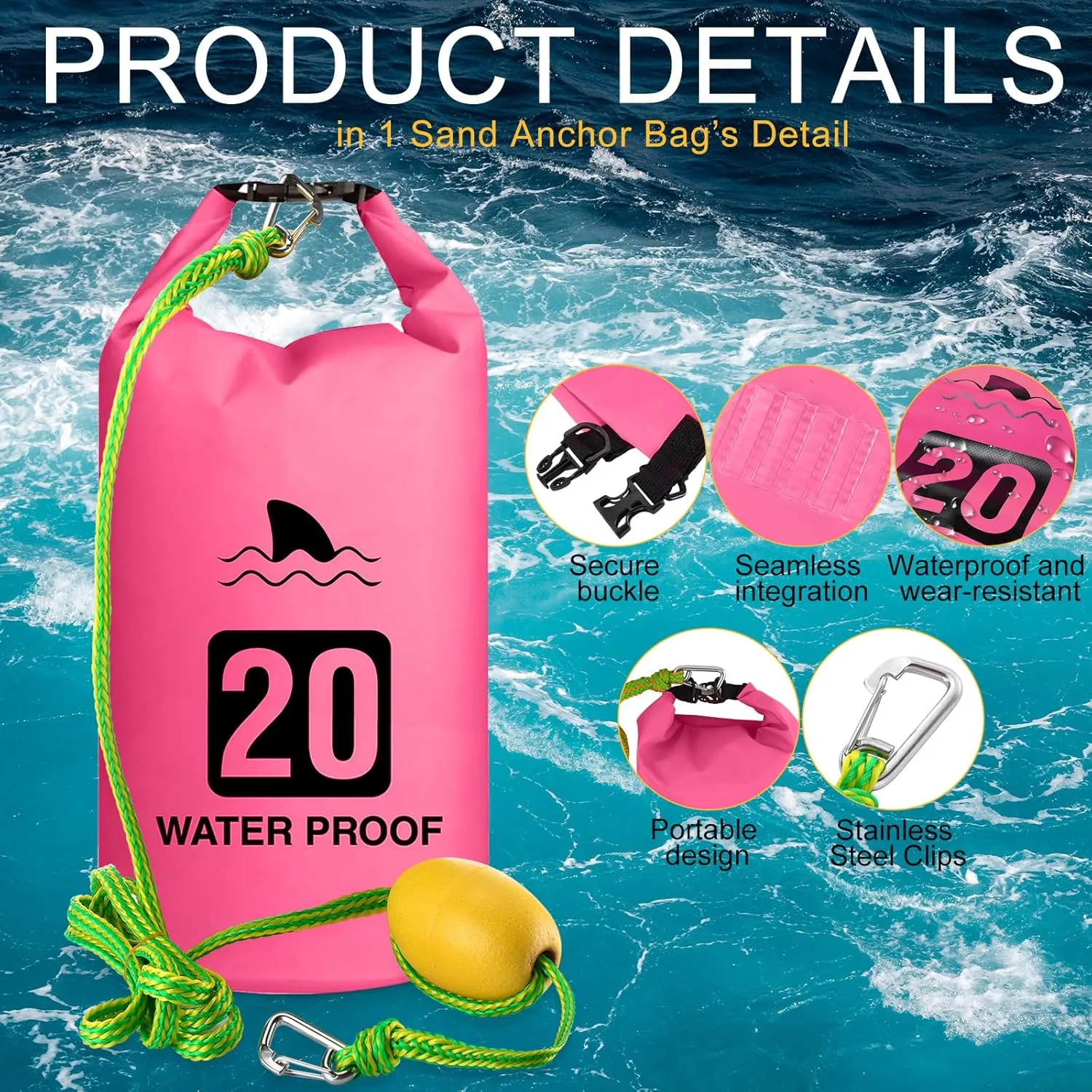 4 Set 2 in 1 Sand Anchor and Buoy Kit Floating Bag Kayak Anchor Waterproof Dry Bag for Lake Beach Boats Watercrafts Hiking Camping Water Sports Surfing Tubing Kayaking(Rose Red)