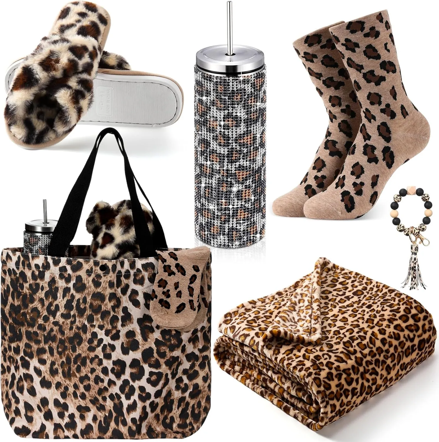 6 Pcs Nurse Leopard Gifts Set for Women Includes Cheetah Tumbler Blanket Socks Slippers Tote Bag Keychain Bracelet Wristlet Leopard Themed Gifts for Mother's Day Graduation Birthday