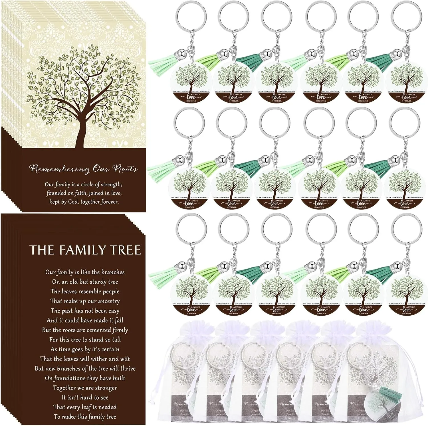 60 Sets Family Reunion Party Favors Family Tree Keychains with Tassel Remembering Our Roots Cards Bags for Family Gathering