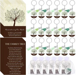 60 Sets Family Reunion Party Favors Family Tree Keychains with Tassel Remembering Our Roots Cards Bags for Family Gathering