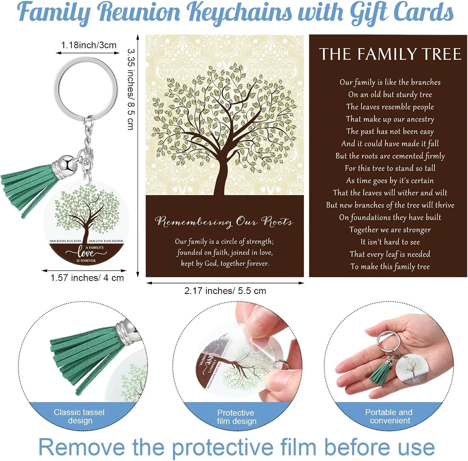 60 Sets Family Reunion Party Favors Family Tree Keychains with Tassel Remembering Our Roots Cards Bags for Family Gathering