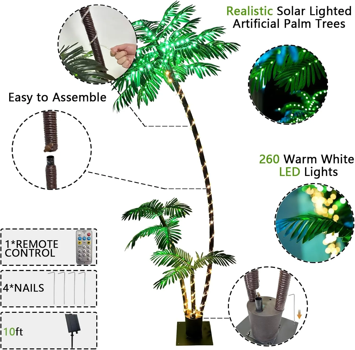 6FT Solar Lighted Palm Trees for Outside Patio Light Up 260 LED Artificial Fake Tree Lights for Pool Bar Tropical Party Deck Outdoor Decorations